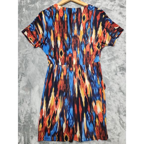 Emma & Michele Dress Womens S Multicolor Ikat Print Stretch Faux Wrap Pockets - Picture 2 of 9